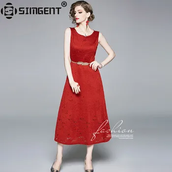 

Simgent Vintage Elegant Dress Woman Summer Belted Sleeveless Solid Hollow Out Lace Midi Dress Women Clothings Vestidos SG9613