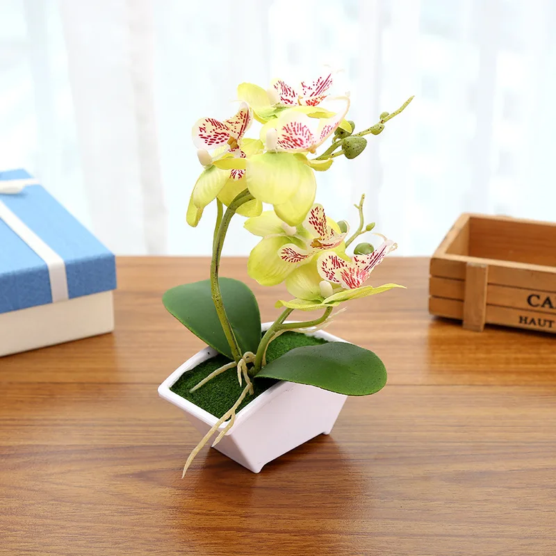 Весенние искусственные шелковые цветы орхидеи Бонсай с вазой Набор для украшения стола поддельные Растения Дерево бабочка Орхидея лист свадебный цветок - Цвет: green