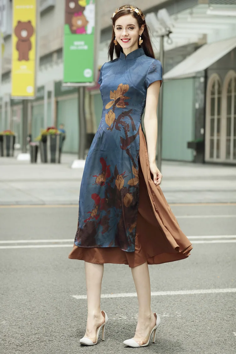 2019 летние шелковые печати cheongsam Винтаж aodai qipao летнее платье для женщин