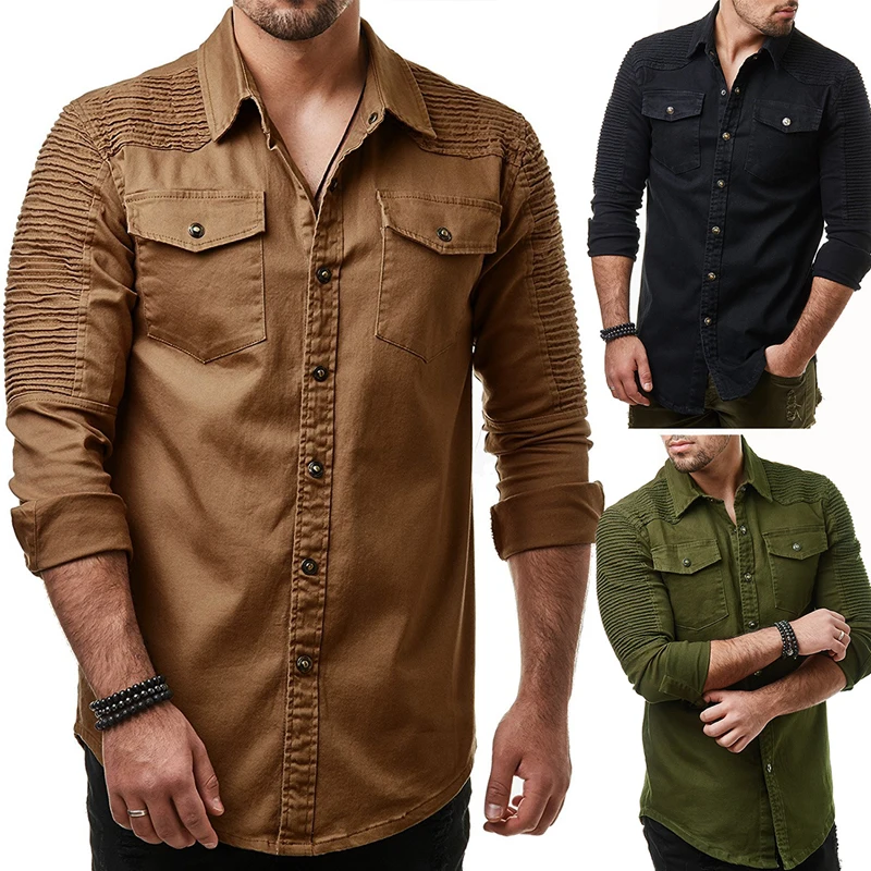 Spring autumn 2018 New Men Shirt Long Sleeve Male Shirt Cotton Solid color Fold Mens Shirts Casual Slim Fit Men coat black 3XL