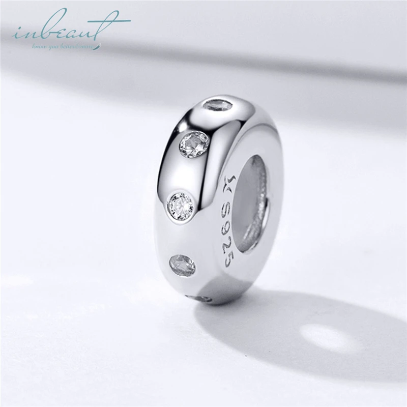 

inbeaut Simple Round Beads 925 Sterling Silver White CZ Silicone fit Original diy Bracelets Charms for Bangle Jewelry Making