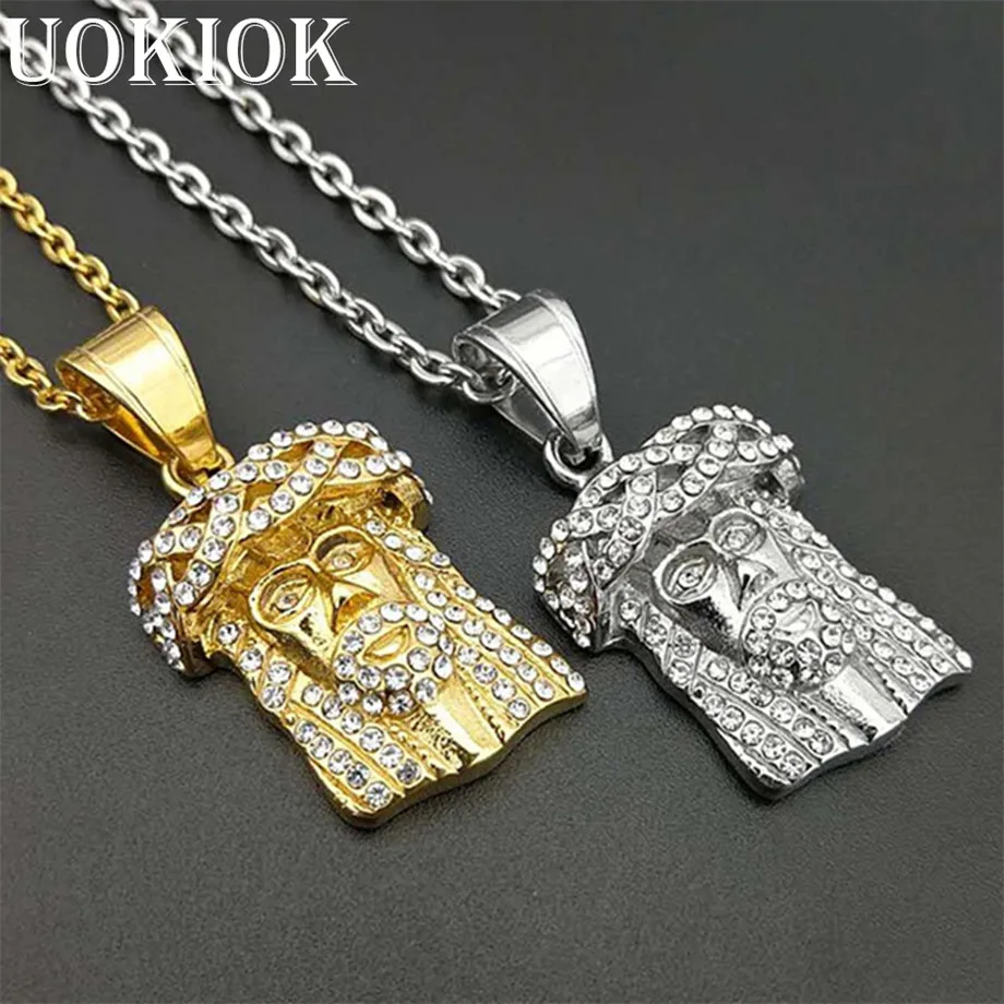 

Hip Hop Iced Out Jesus Head Pendant & Chain Gold Color Stainless Steel Religious Jewelry Christian Necklaces & Pendants
