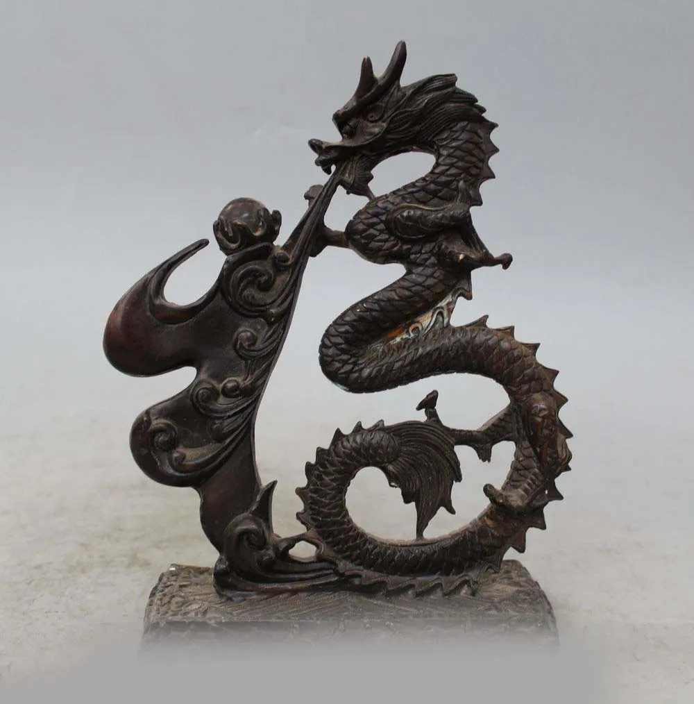 

9" Chinese Bronze 12 Zodiac Year Dragon Play Bead Successful Statue Sculpture