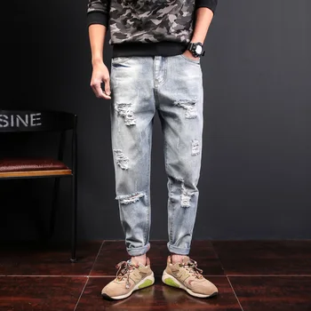 

2018 Men Denim Pants Jean Casual Trousers Ankle Length Loose Plus Size Spring Summer 38 40 42