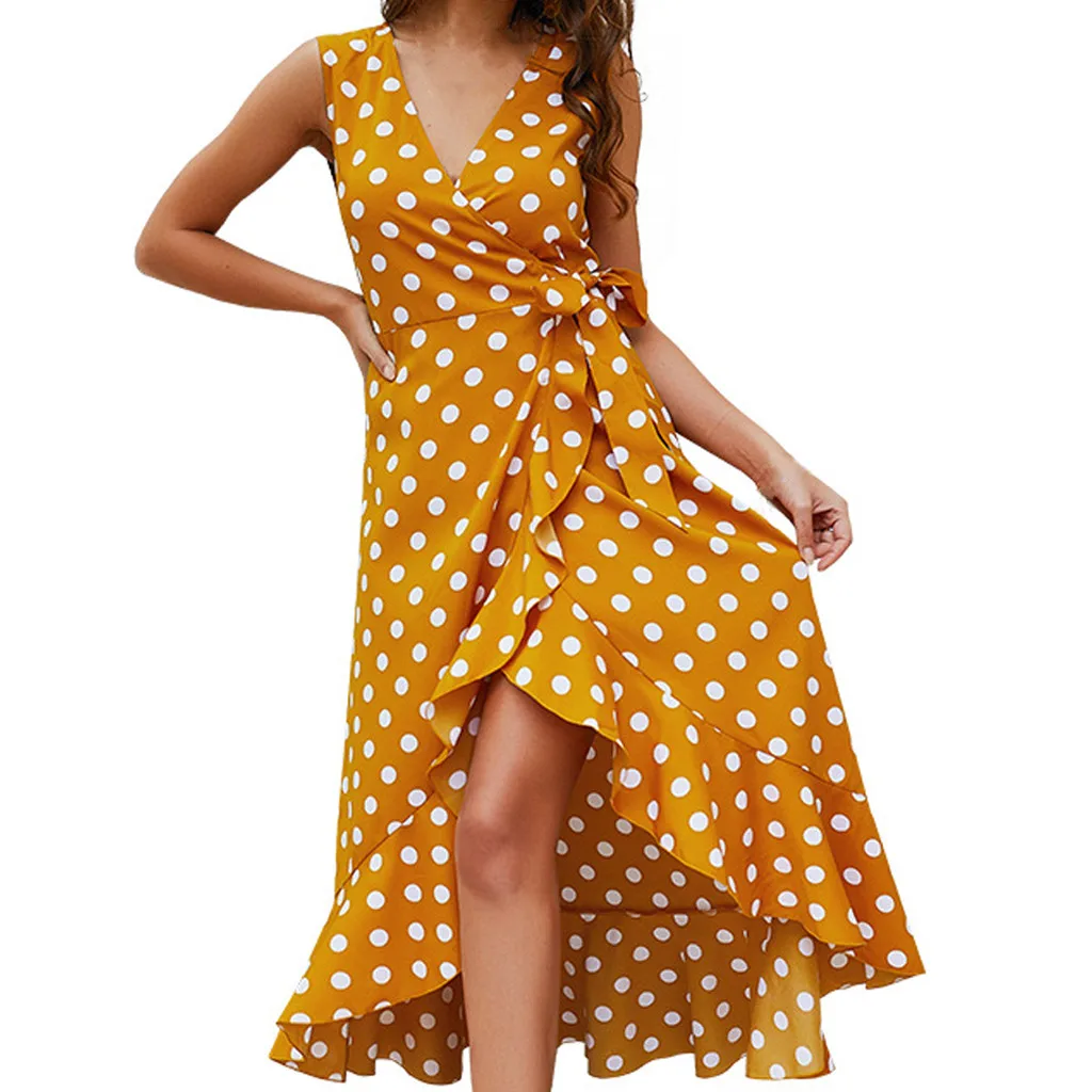 

JAYCOSIN 2019 New Summer Women Dress Sexy Bohemian Asymmetrical V-Neck Sleeveless Lrregularity Bow Wave Point Ruffles 9032816