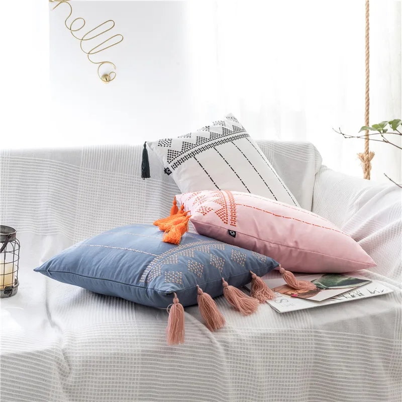 Spring Cushion Cover Pink Blue Black White Home Decorative Embroidery Tassels Pillow Cover for Home Sofa Bed Rectangle 38x48cm