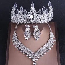 Роскошный Серебряный Кристалл Свадебный комплект ювелирных изделий с драгоценными камнями диадема, Корона тиары эффектное ожерелье серьги наборы свадебных ювелирных изделий