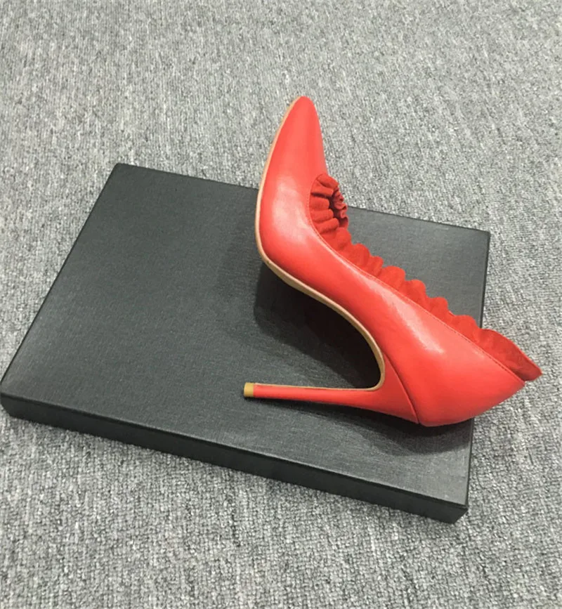 Volantes black Tacones Negro Vestir Boda Bombas Rojo Punta Delgada Mujer Plisado De red Cuero Zapatos Black Banquete Suede Real Leather AwTAqr