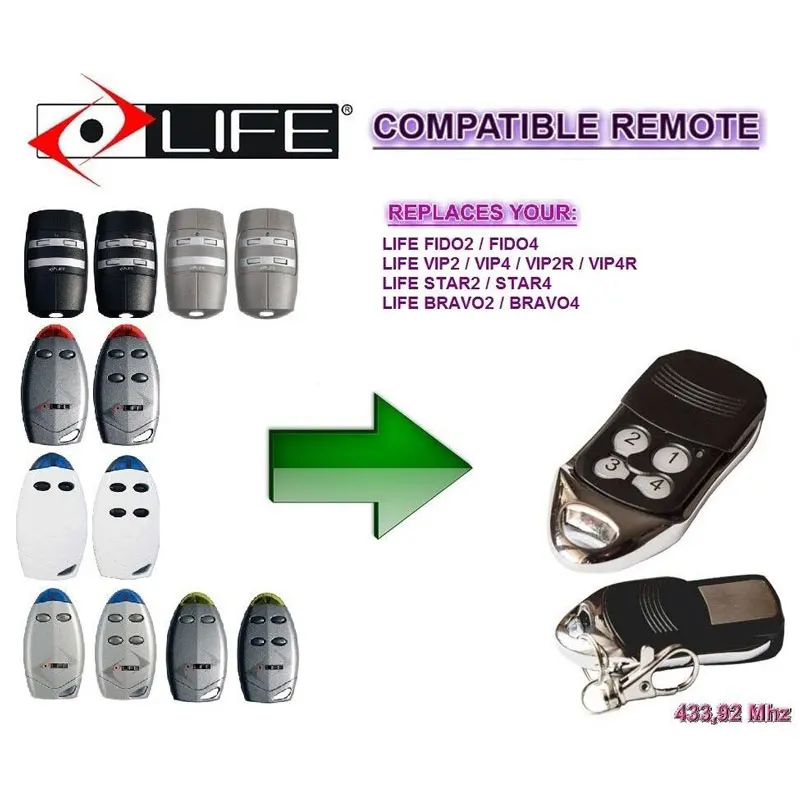 

The remote for replace LIFE FIDO2 / FIDO4 / VIP2 / VIP4 / VIP2R / VIP4R / STAR2 / STAR4 / BRAVO2 / BRAVO4 garage door remote