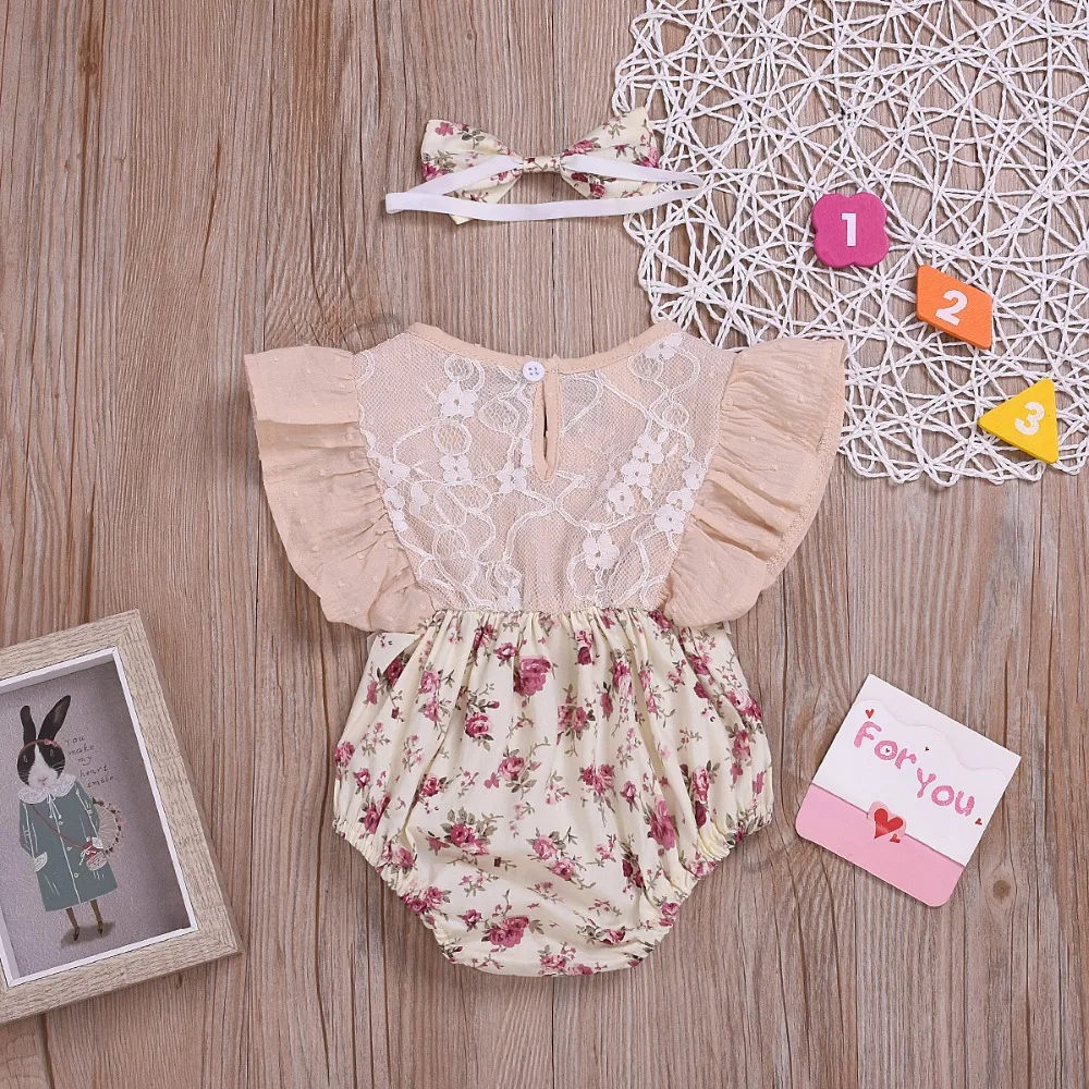 Одежда для новорожденных и маленьких девочек, кружевной комбинезон с цветочным рисунком, милые кружевные повязки на голову, 2 предмета, одежда для маленьких девочек