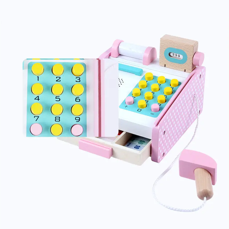  Pink Simulation Cash Register Wooden Toys For Kids Montessori Educational Toys Cashier Desk Baby To