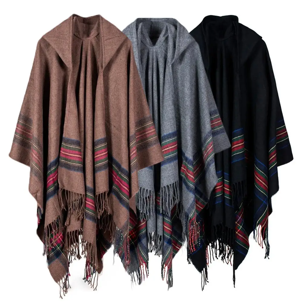

New Women Tassel Fringed Stripe Knitted Shawl Cardigan Coat Blanket Poncho Cape Top