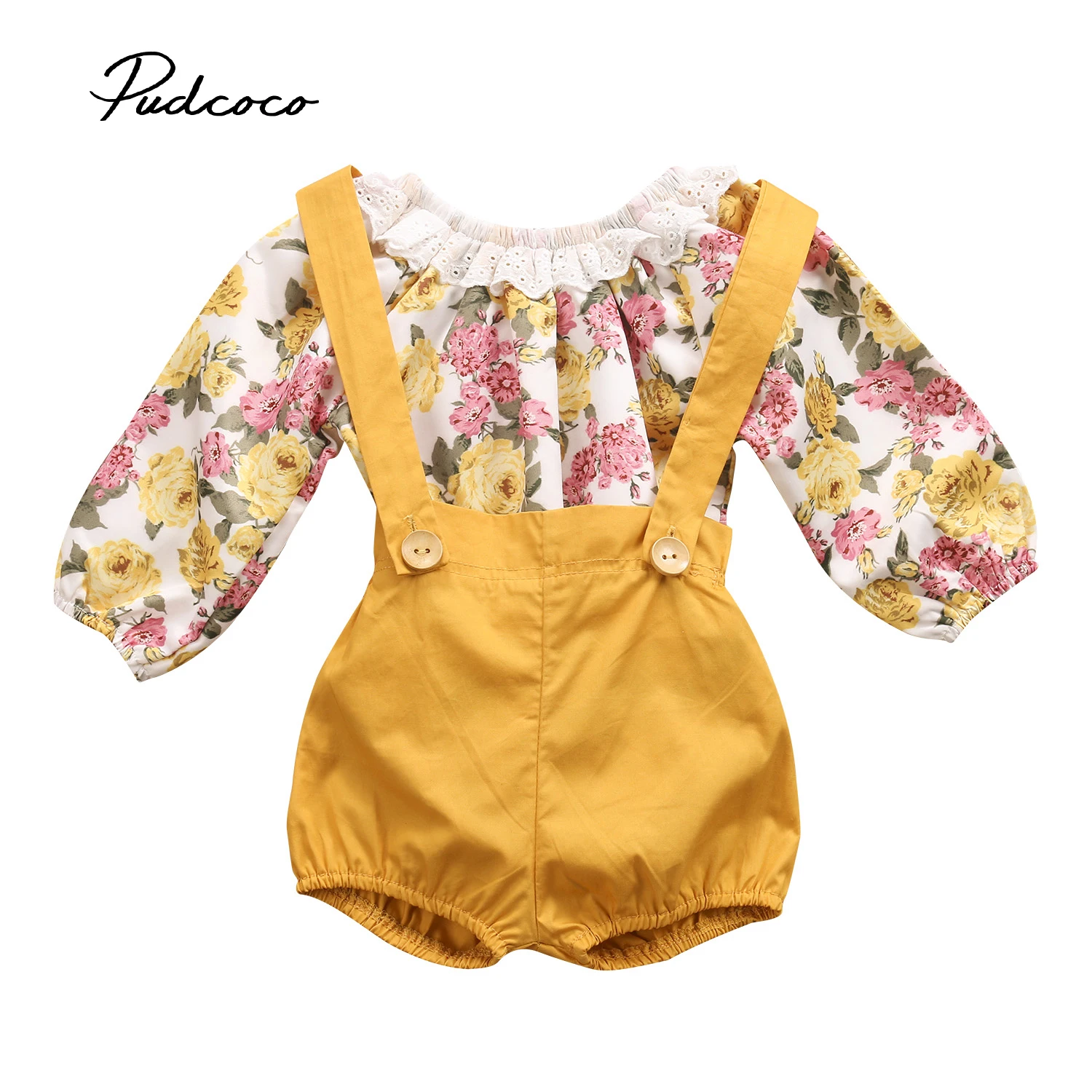 0 24M Newborn Baby Girls Long Sleeve Floral Princess Romper+ Suspenders