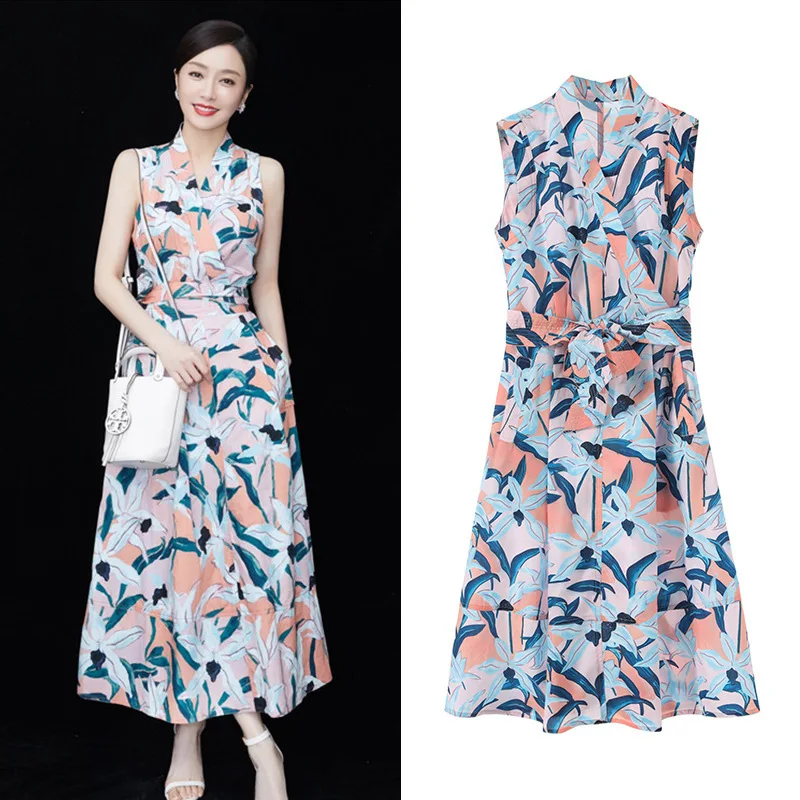 

New v neck singlet to show thin lilies printing charge waist with long dress G0661