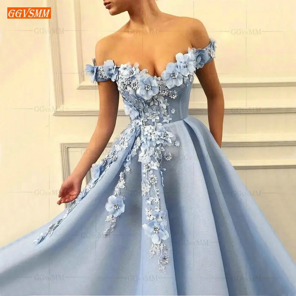 US $87.12 Blue Off The Shoulder Prom Dresses Long 2020 Vestidos De Gala Tulle 3d Flower Beaded Pageant A Line Evening Gowns Women Dress