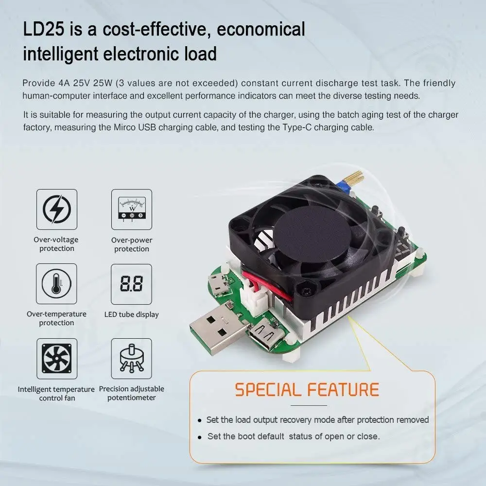 Aokin LD25 LD35 электронный нагрузочный резистор USB интерфейс разрядка батареи тест светодиодный дисплей вентилятор регулируемое напряжение тока 25 Вт 35 Вт