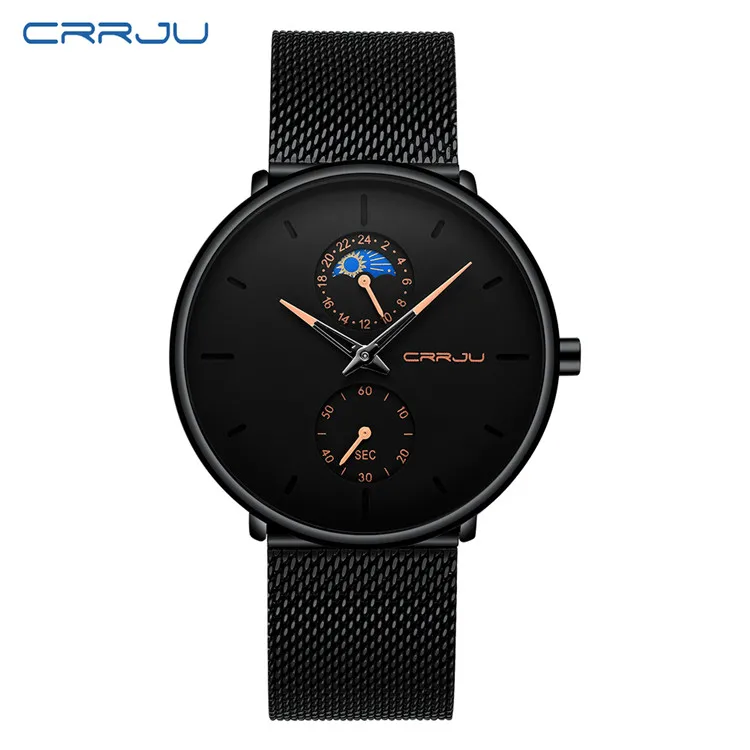 Relojes Hombre новые CRRJU мужские часы лучший бренд класса люкс полностью стальные деловые кварцевые часы для мужчин и женщин спортивные водонепроницаемые часы - Цвет: black Rose gold