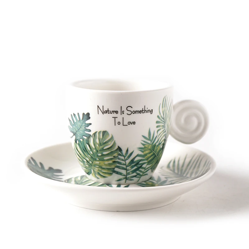 90 мл яйцевидная форма Monstera шаблон чашка для эспрессо блюдца с рукоятка из ткани листья тропических растений дизайн кофейная чашка для кафе