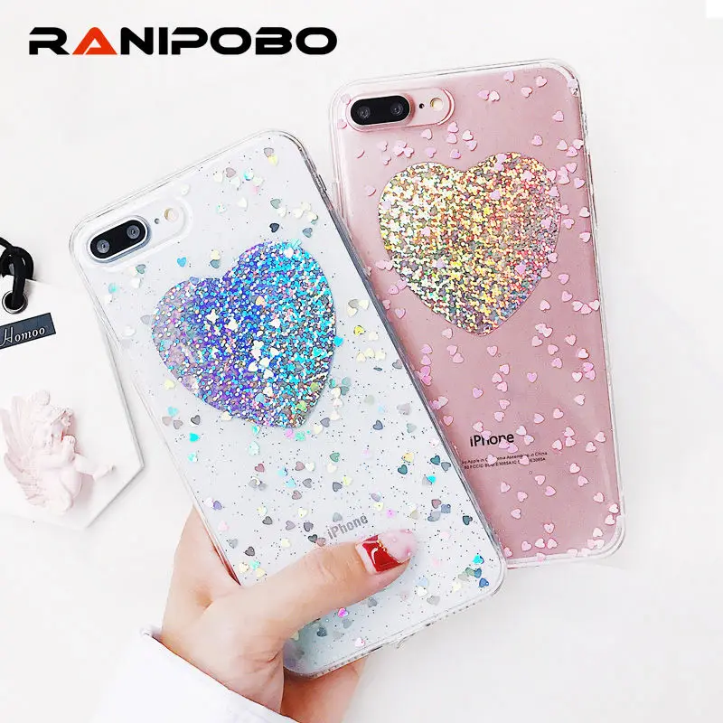 

Lovely Cute Love Heart Glitter Bling Powder Phone Case For iphone X 7 7Plus 6 6SPlus 8 8Plus Fashion Shining Soft TPU Back Cover