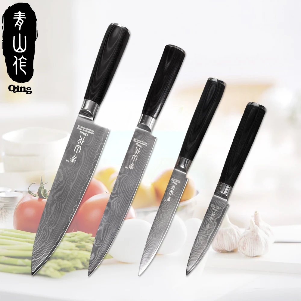 

QING Damascus Steel Knife Fruit Utility Slicing Chef Kitchen Knives VG10 Core Damascus Pattern Blade Damascus Knife 4 Piece Set