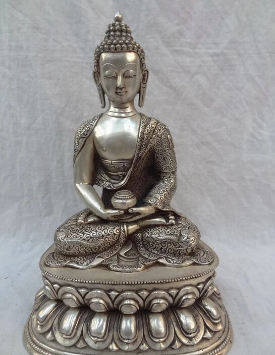 

14" Folk Tibet Silver Buddhism Dragon Rode Shakyamuni Buddha Brass Bowl Statue