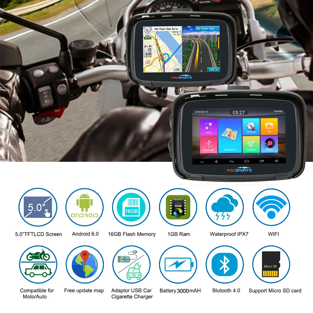 

Fodsports ipx7 waterproof motorcycle navigation 5 inch moto car GPS wifi 16G motorbike navigator android 6.0 FM 3000mAh battery