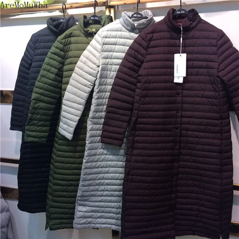 

AreMoMuWha New Winter Ultra-thin Over The Knee Long Down Jacket Female Korean Version of The Slim Slim Collar Collar Down Jacket