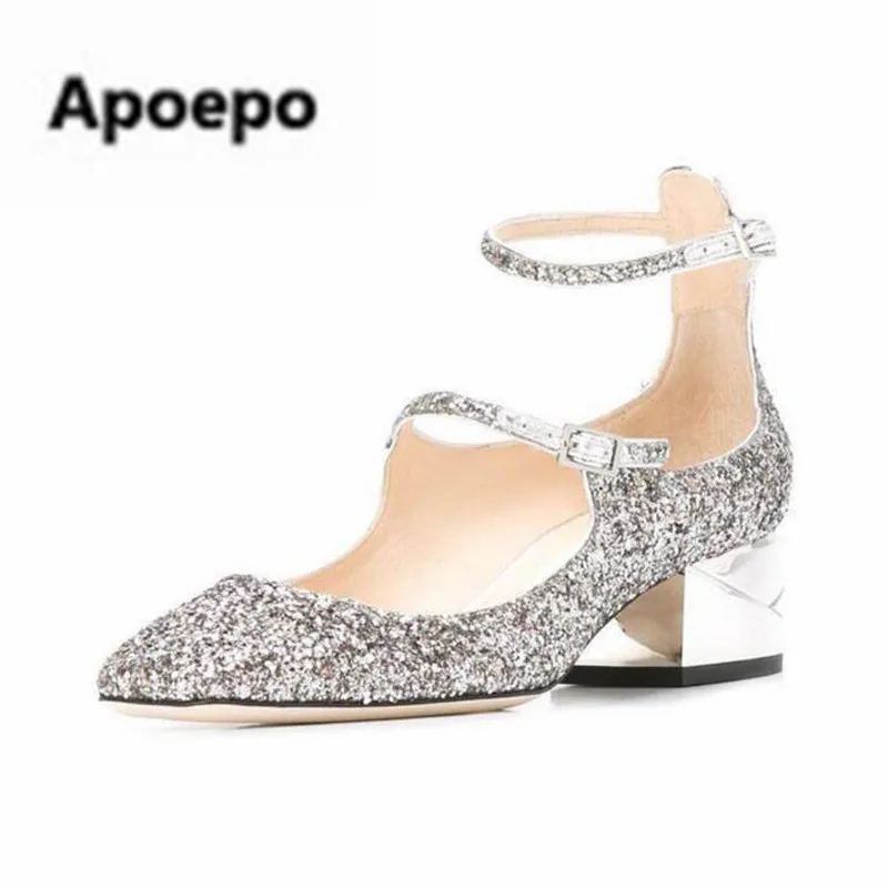 

Sales brand women pumps bling bling sliver party shoes girls buckle cut-out low heels mary janes shoes women wedding shoes