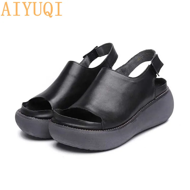 

AIYUQI Sandals female 2019 summer genuine leather retro women's sandals, platform flat casual shoes European Roman sandals women
