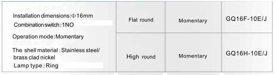 GQ16F-10E/J 16 мм светодиодный светильник кольцевой Тип лампы металлический кнопочный переключатель с плоским круглым