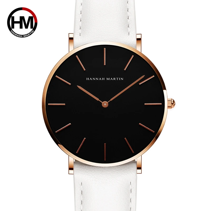 

HANNAH MARTIN Japan Quartz Movement Waterproof Casual fashion Women Watch Rose Gold Black Leather Ladies Watch 36mm Dropshipping