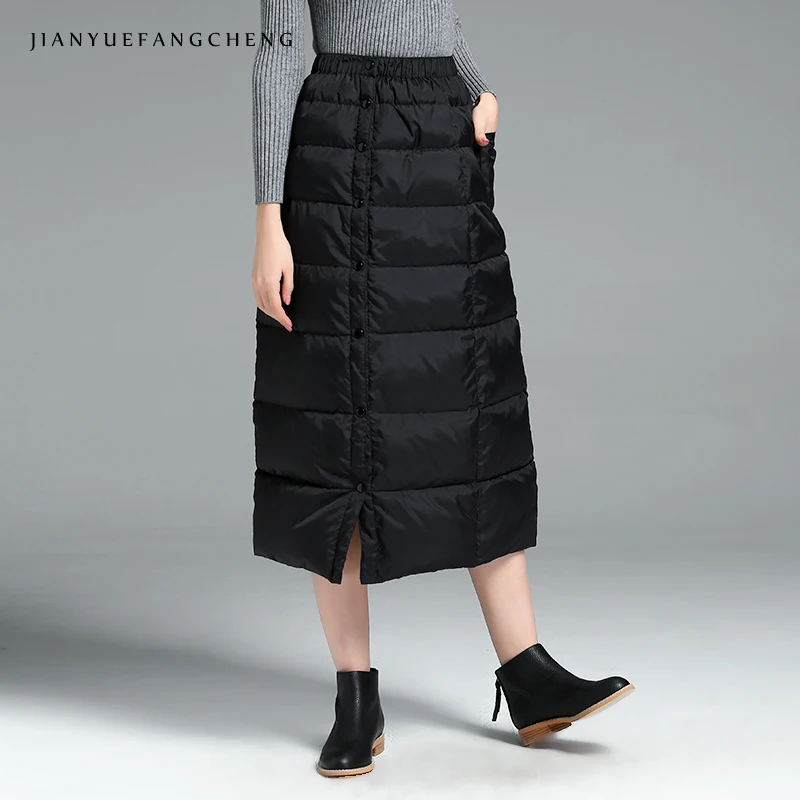 

2018 Fashion Duck Down Skirt Womens Winter Long Maxi Skirts Thicken Warm A Line Plus Size High Waist Black Jupe Female Bottoms