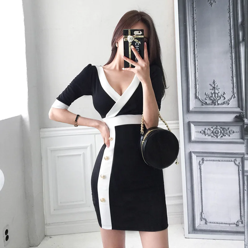 

LISYRHJH 2019 new color matching dress short-sleeved V-neck sexy bag hip tight dresses