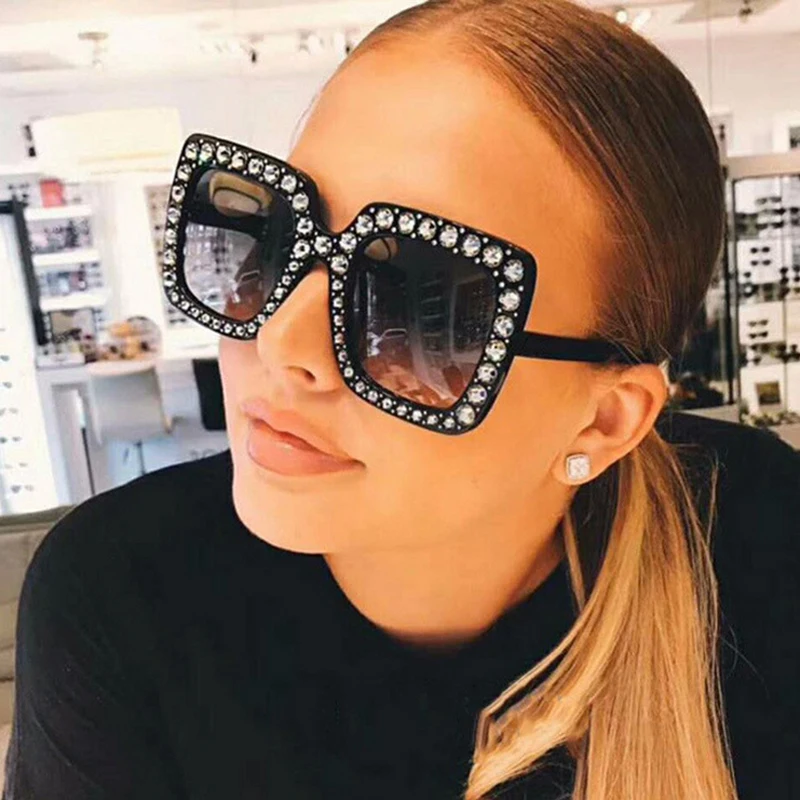 

New Color Women Sunglasses Unique Oversized Lens UV400 Vintage Eyeglasses Diamond Square Frame Sun Glasses Elegant Eyewear Cool