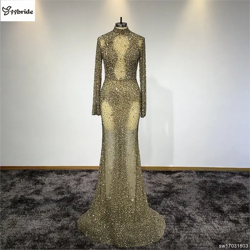 

Customized Full Beaded Long Evening Dresses Luxury Evening Party Dress Gold Prom Dresses Long Sleeve Women Evening Dresses 2019