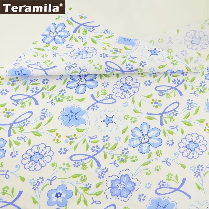 

Teramila Fabric 100% Cotton Blue Flower and Leaves Style Twill Material Clothing Bed Sheet DIY Dress Scrapbook Bedding Tecido CM