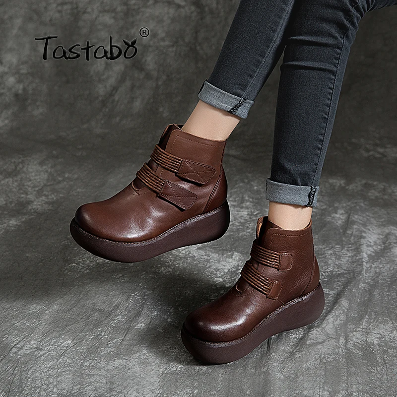 

Tastabo Handmade craft boots Black brown plus velvet bare boots Muffin bottom women's boots Comfortable lining Retro casual