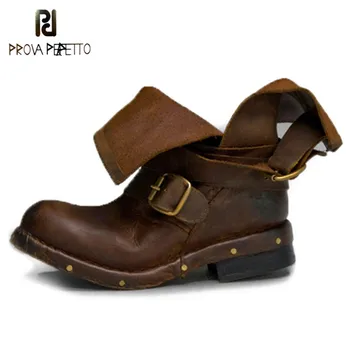 

Prova Perfetto Retro Genuine Leather do old Knight Boots Belt Buckle Rivet Low Heel Woman Short Boots Cool Motorcycle Boots