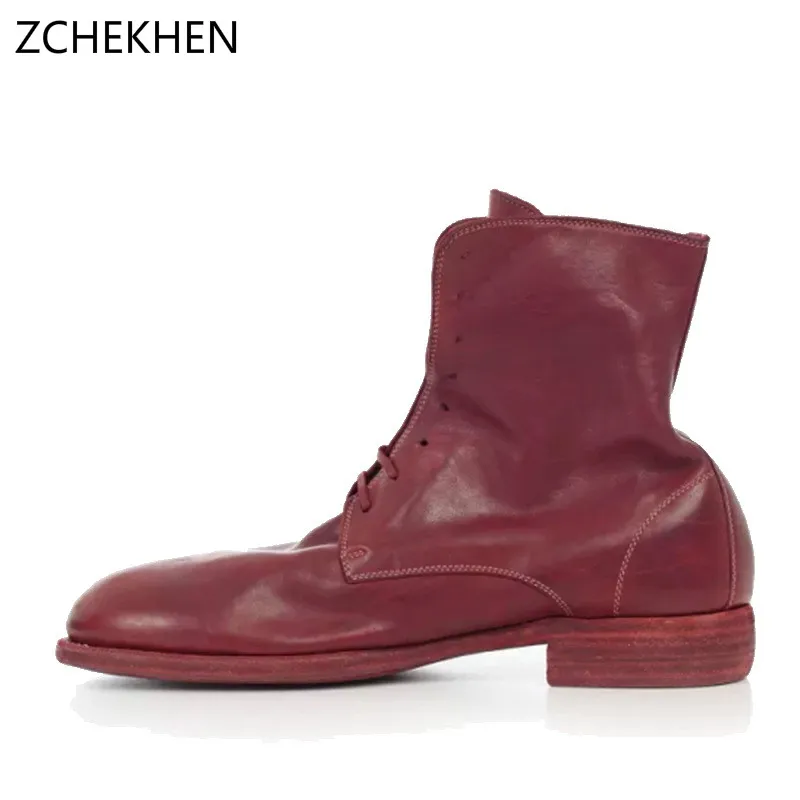 

Luxury brands New Arrival Vintage Women Wine red leather Martin Boots Lace up Motorcycle Fashion Spring womens ankle boots