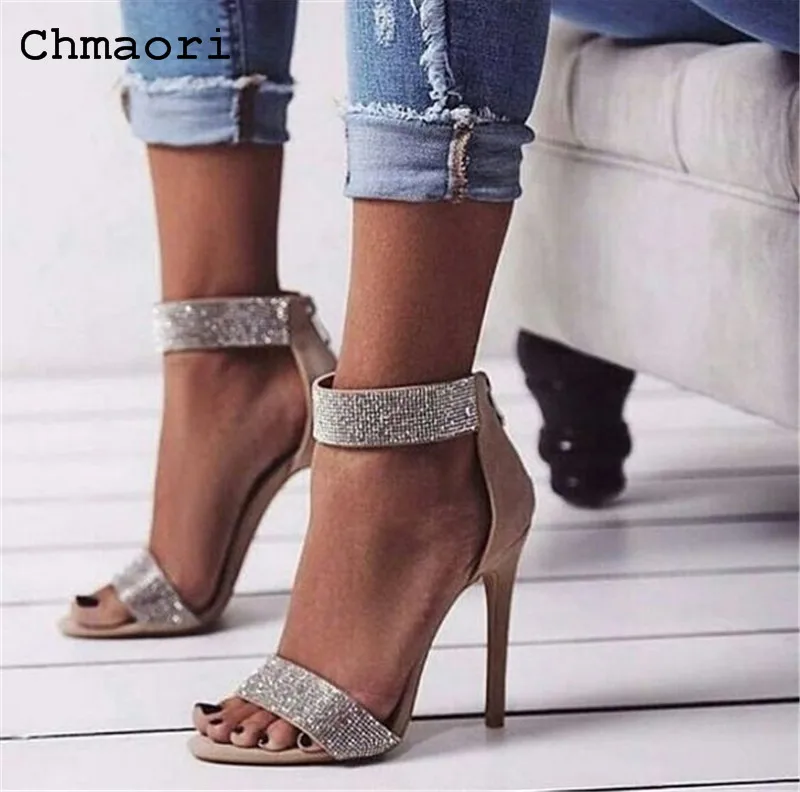 

High Quality PU leather with bling bling reflectiive Peep toe women Summer sandals thin heel high heel ankle zipped sandals