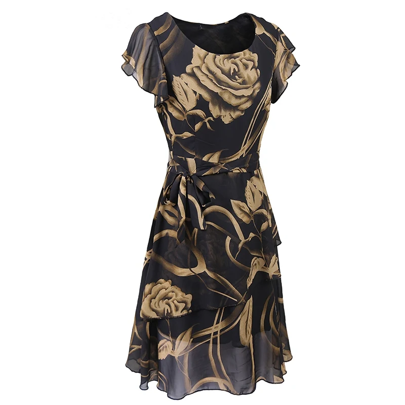 Summer Chiffon Dress Outer Space Casual Floral Print Women Round Neck Hollow Out Printed Bowknot Chiffon Skater Dress