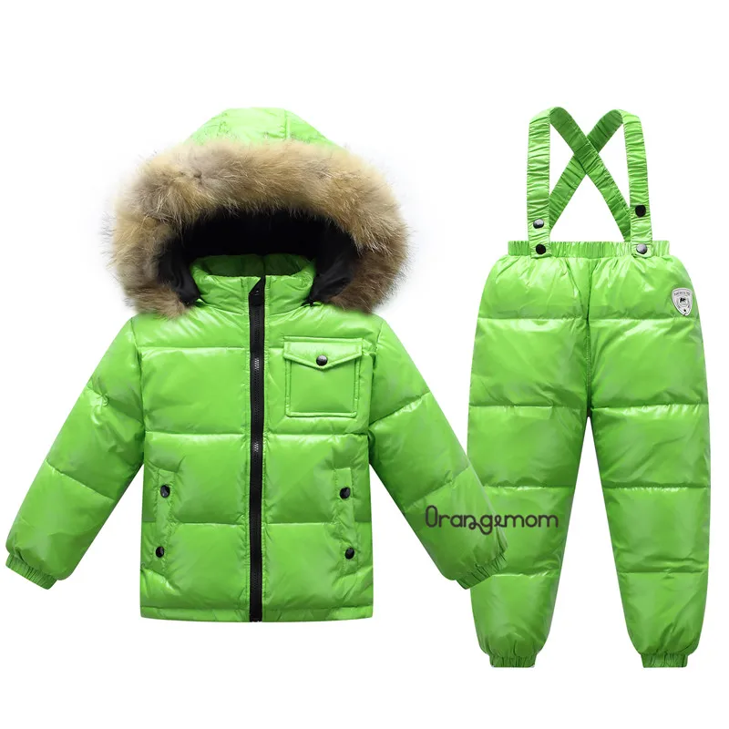 Russian winter children's clothing fashion shiny jackets for girls child coat boys winter jacket+ pant waterproof snow wear - Цвет: green