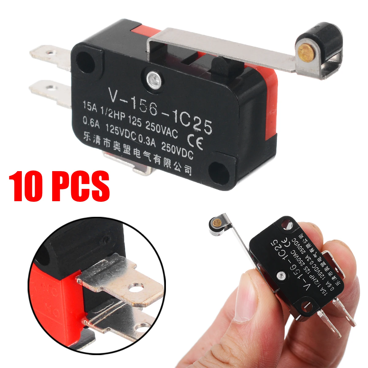 10pcs Limit Switch 3 Terminals Micro Switch Long Hinge Roller Momentary SPDT Snap Action For AC DC Control Circuits