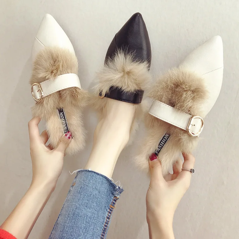 

Hollow out buckle band fur slippers young girls leather cozy slip on mules slides women all-match winter fur shoes zapatos mujer