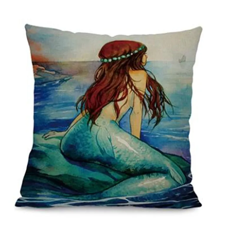 Marine Style Mermaid Painting Pattern Coffee House Chair Waist Decorative Cushion Cover Bedroom Throw Pillowcase 18"