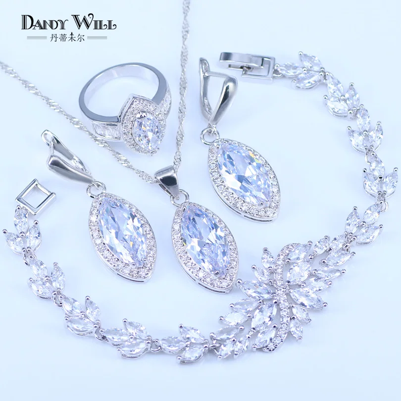 Pretty Women White Zircon Silver Color 925 Stamp Jewelry Sets Bracelets Pendant Necklace Ring Earrings With Stones Set Jewelery 