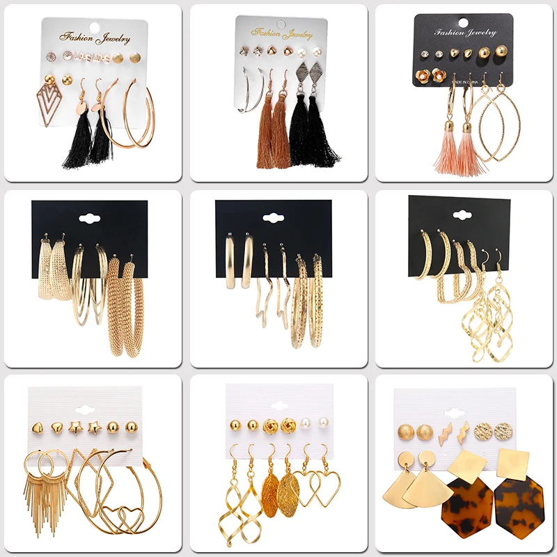 

H:HYDE New Fashion Aros Geometric Hoop Earrings For Women Vintage Rhombus Crystal Big Earrings Set 2019 Female Bohemian Jewelry