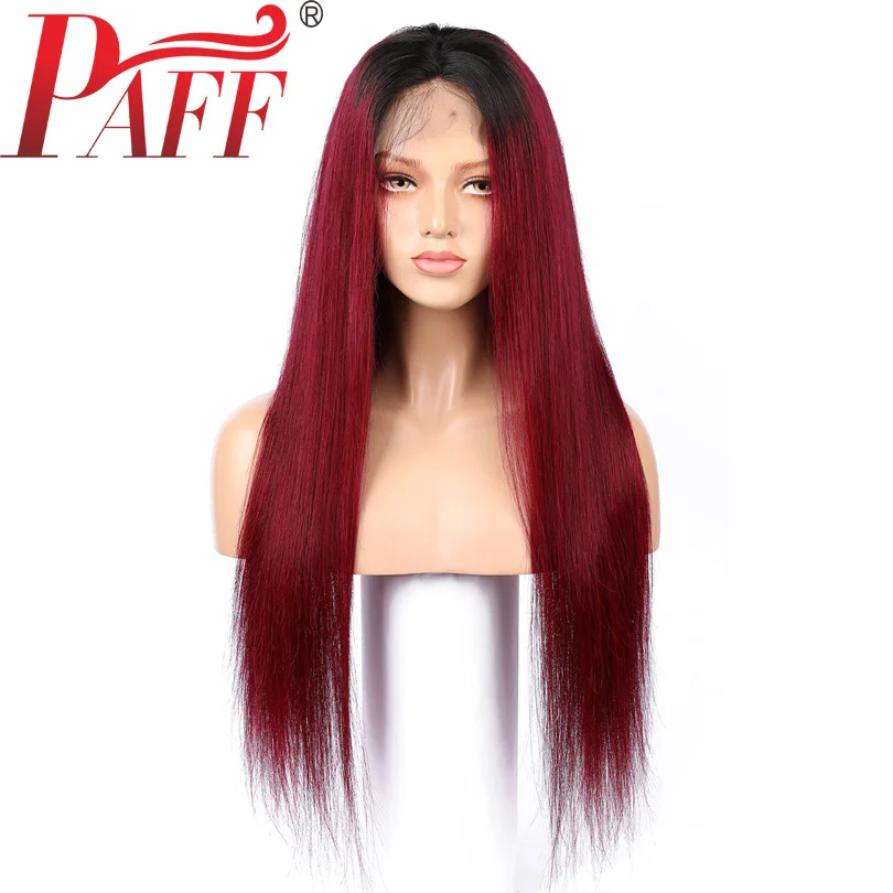 PAFF цвет красного вина бесклеевого шнурка человеческих волос передний парик прямой девственные волосы бразильский два тона 1B 99J парик со средней частью средняя часть