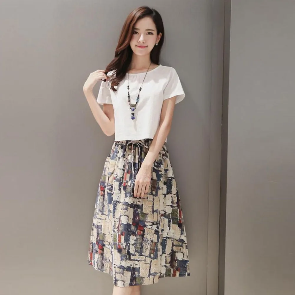 

Vintage Women 2 Pieces Shirt Skirt Set Ladies Elegant Two Piece Printed Harajuku Tee Tops Female Outfit Office Tracksuit