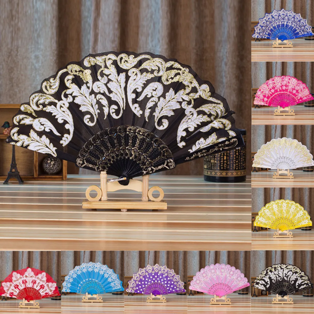 

Hot Sale Folding Hand Held Fan Chinese Spanish Style Dance Wedding Party Lace Silk Folding Hand Held Fan Decoration Gifts C411